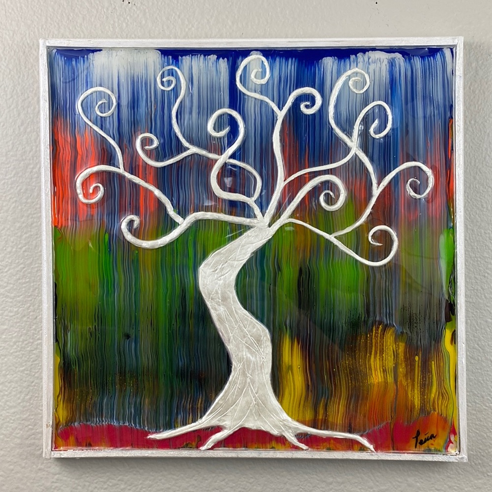 Handmade acrylic painting whimsical tree.